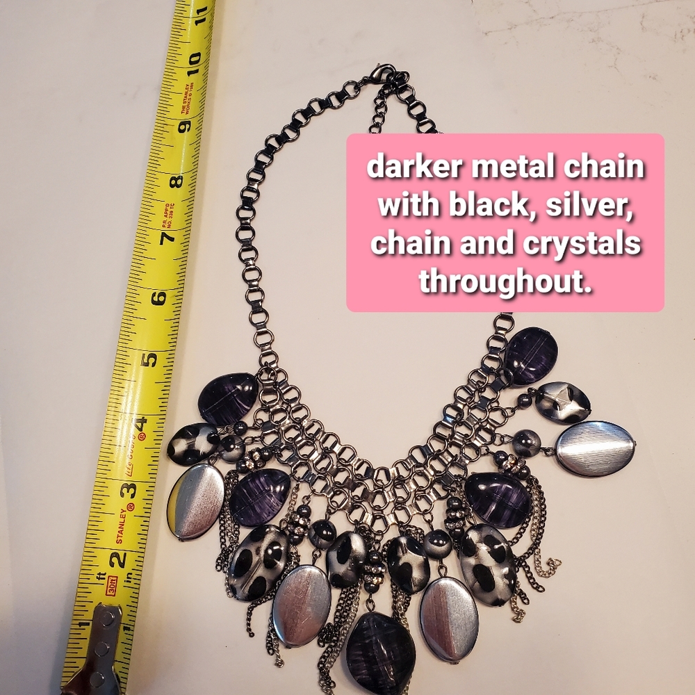Necklace - black, leopard, chain, crystals